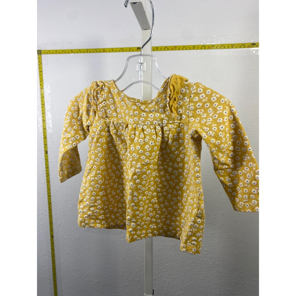Baby Girl Mustard Yellow Floral Daisy Long Sleeve Ruffle Shoulder Top Snap Back
